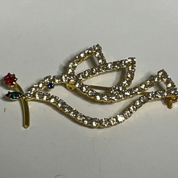 VTG Rhinestone Crystals Christmas Peace Dove Red Rose Brooch Pin 2.25" - Picture 10 of 14